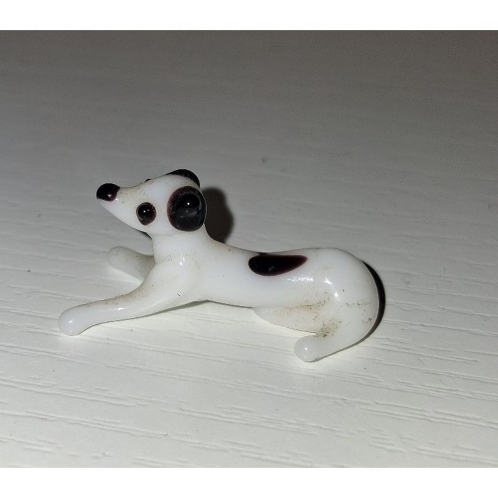 Vintage Miniature Lampwork Glass Dog Figurine Black White 1.5" Tiny Puppy